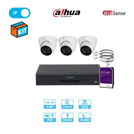 Kit vidéosurveillance 3 caméras dôme réseau Dahua | 4 MP | IP PoE | Zoom x4 | Wizsense