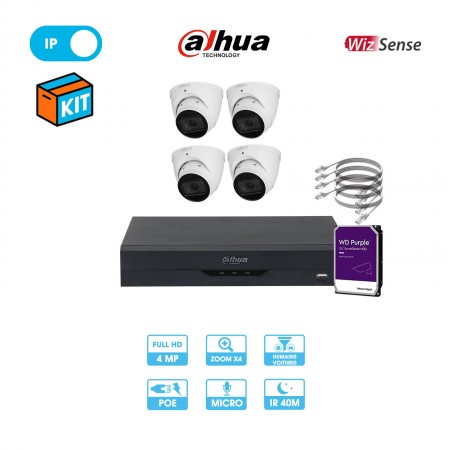 Kit vidéosurveillance 4 caméras dôme réseau Dahua | 4 MP | IP PoE | Zoom x4 | Wizsense