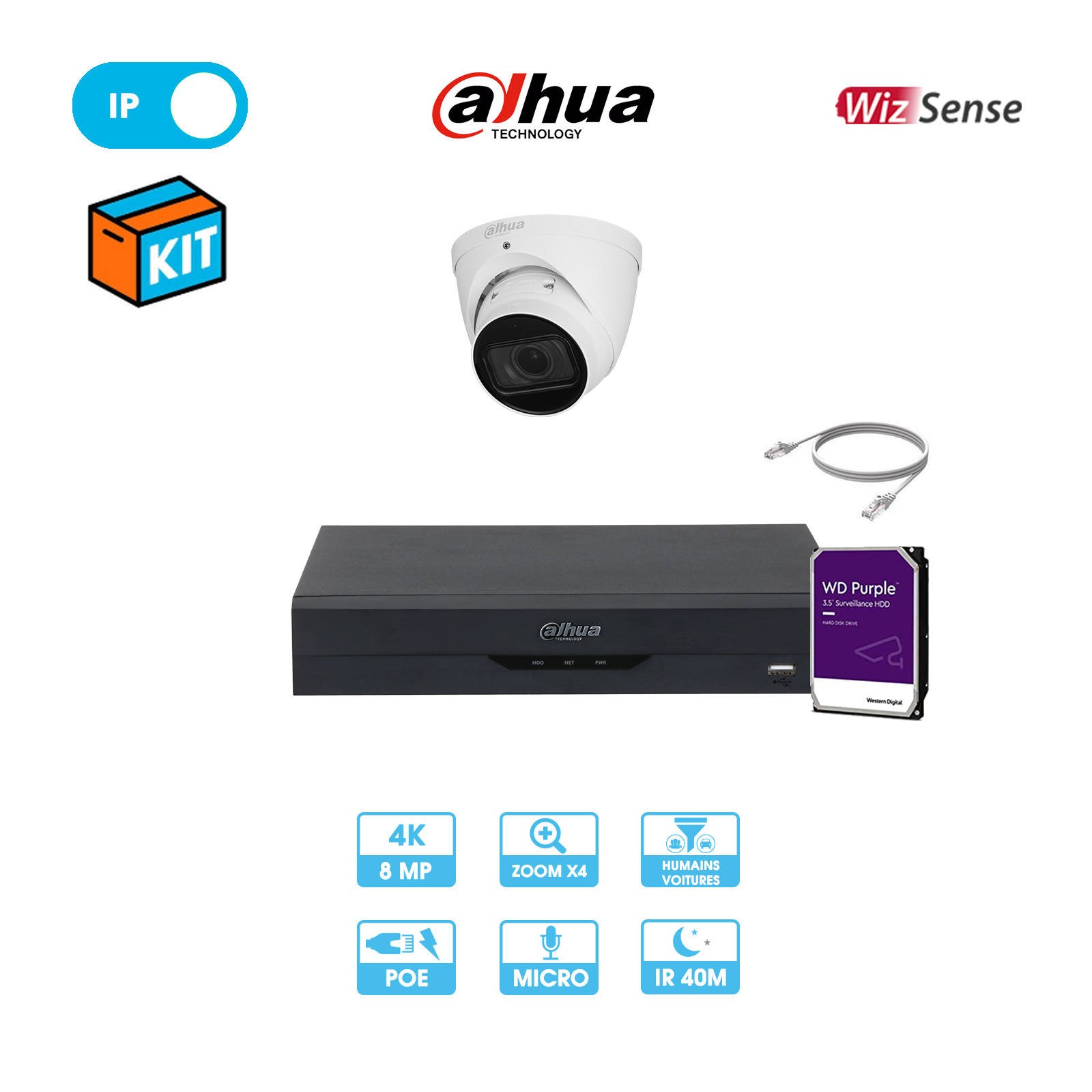 Kit vidéosurveillance 1 caméra dôme réseau Dahua | 8 MP (4K) | IP PoE | Zoom x4 | Wizsense