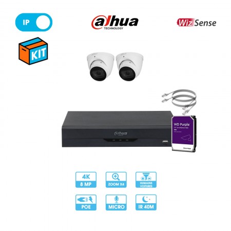 Kit vidéosurveillance 2 caméras dôme réseau Dahua | 8 MP (4K) | IP PoE | Zoom x4 | Wizsense