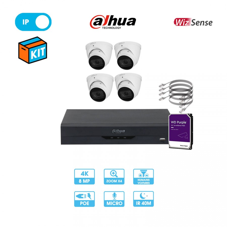 Kit vidéosurveillance 4 caméras dôme réseau Dahua | 8 MP (4K) | IP PoE | Zoom x4 | Wizsense