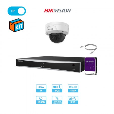 Kit vidéosurveillance 1 caméra dôme réseau Hikvision | 4 MP | IP PoE | Fixe | Dôme antivandalisme