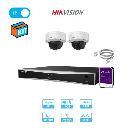 Kit vidéosurveillance 2 caméras dôme réseau Hikvision | 4 MP | IP PoE | Fixe | Dôme antivandalisme