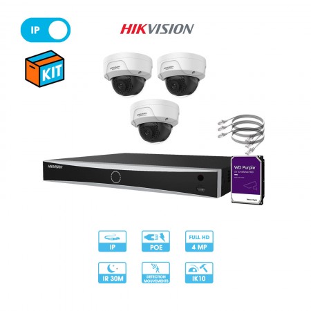Kit vidéosurveillance 3 caméras dôme réseau Hikvision | 4 MP | IP PoE | Fixe | Dôme antivandalisme
