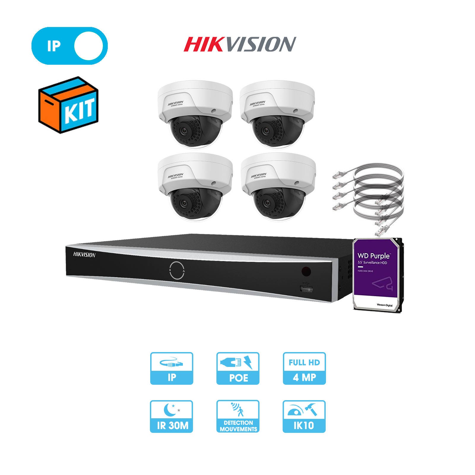 Kit vidéosurveillance 4 caméras dôme réseau Hikvision | 4 MP | IP PoE | Fixe | Dôme antivandalisme