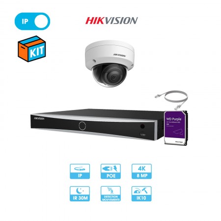 Kit vidéosurveillance 1 caméra dôme réseau Hikvision | 8 MP (4K) | IP PoE | Fixe | Dôme antivandalisme