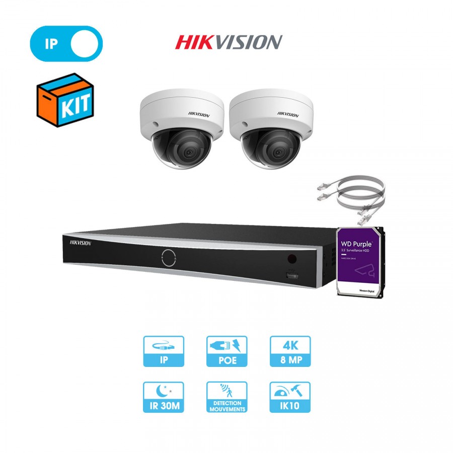 Kit vidéosurveillance 2 caméras dôme réseau Hikvision | 8 MP (4K) | IP PoE | Fixe | Dôme antivandalisme
