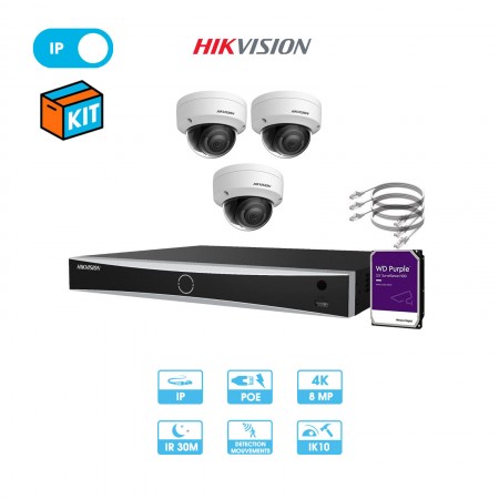 Kit vidéosurveillance 3 caméras dôme réseau Hikvision | 8 MP (4K) | IP PoE | Fixe | Dôme antivandalisme