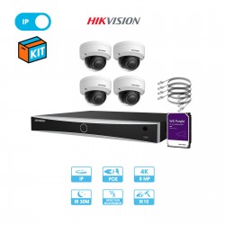 Kit vidéosurveillance 4 caméras dôme réseau Hikvision | 8 MP (4K) | IP PoE | Fixe | Dôme antivandalisme