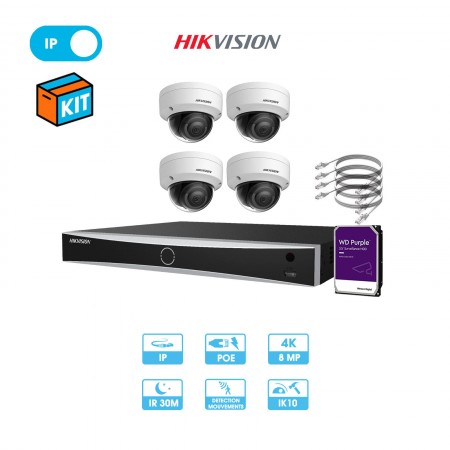 Kit vidéosurveillance 4 caméras dôme réseau Hikvision | 8 MP (4K) | IP PoE | Fixe | Dôme antivandalisme