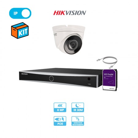 Kit vidéosurveillance 1 caméra dôme réseau Hikvision | 8 MP (4K) | IP PoE | Fixe