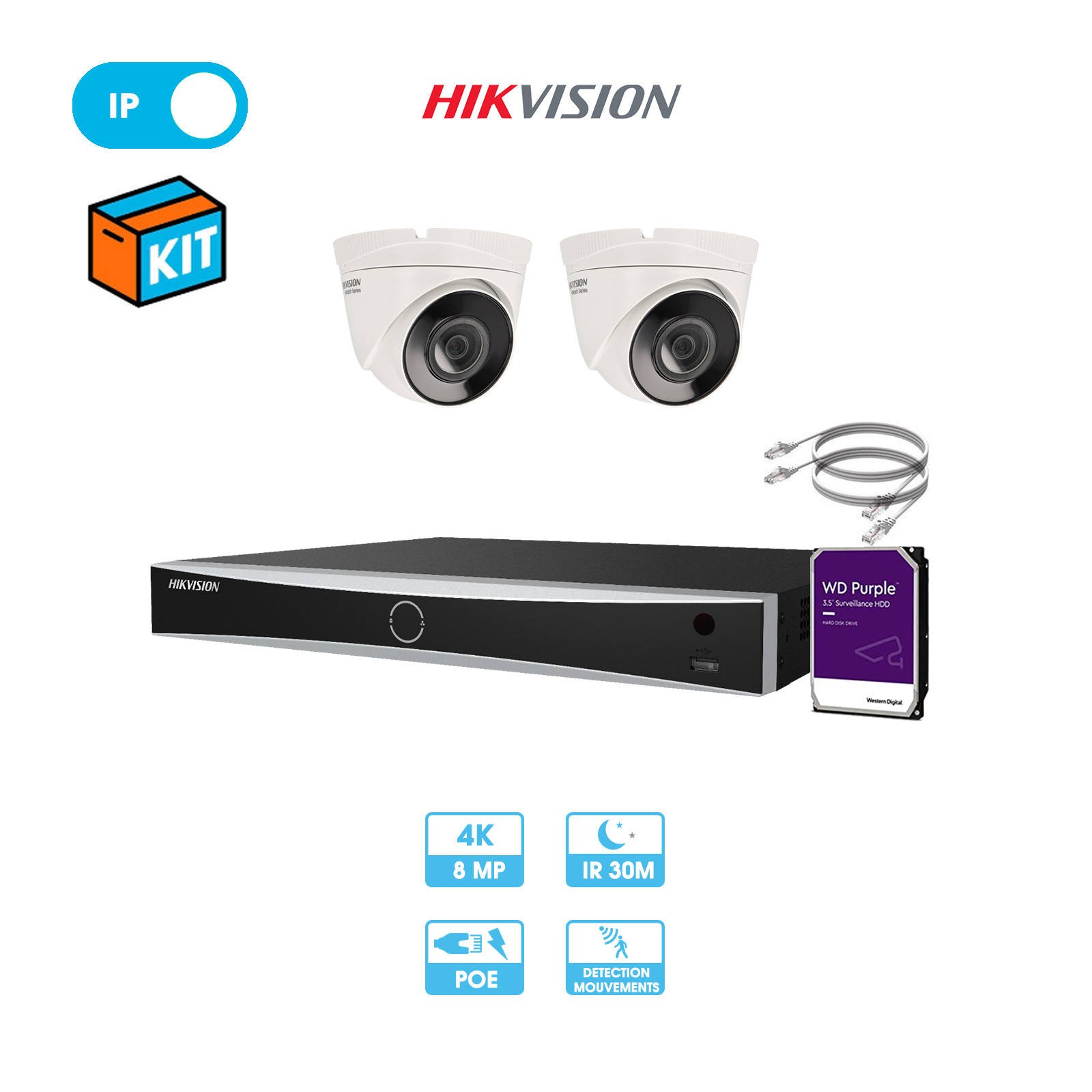 Kit vidéosurveillance 2 caméras dôme réseau Hikvision | 8 MP (4K) | IP PoE | Fixe
