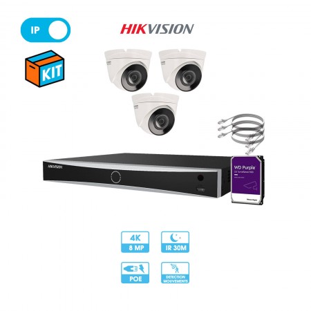 Kit vidéosurveillance 3 caméras dôme réseau Hikvision | 8 MP (4K) | IP PoE | Fixe