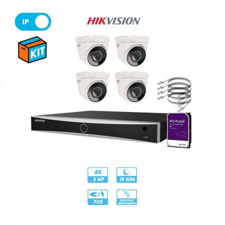 Kit vidéosurveillance 4 caméras dôme réseau Hikvision | 8 MP (4K) | IP PoE | Fixe