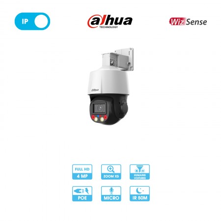Caméra Dahua WizSense - TiOC | Dôme PTZ zoom x5 | 4 MP | IP | Alarme par clignotement lumineux | Différence humain / véhicule