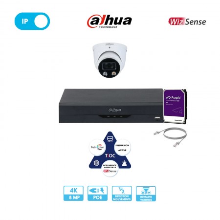 Kit vidéosurveillance 1 caméra dôme réseau Dahua | 8 MP (4K) | IP PoE | TioC 2.0 - Wizsense | Alarme | Microphone