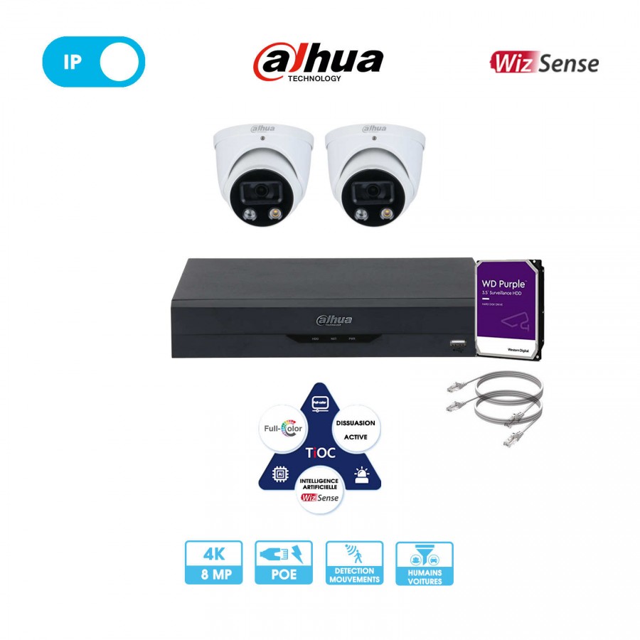 Kit vidéosurveillance 2 caméras dôme réseau Dahua | 8 MP (4K) | IP PoE | TioC 2.0 - Wizsense | Alarme | Microphone