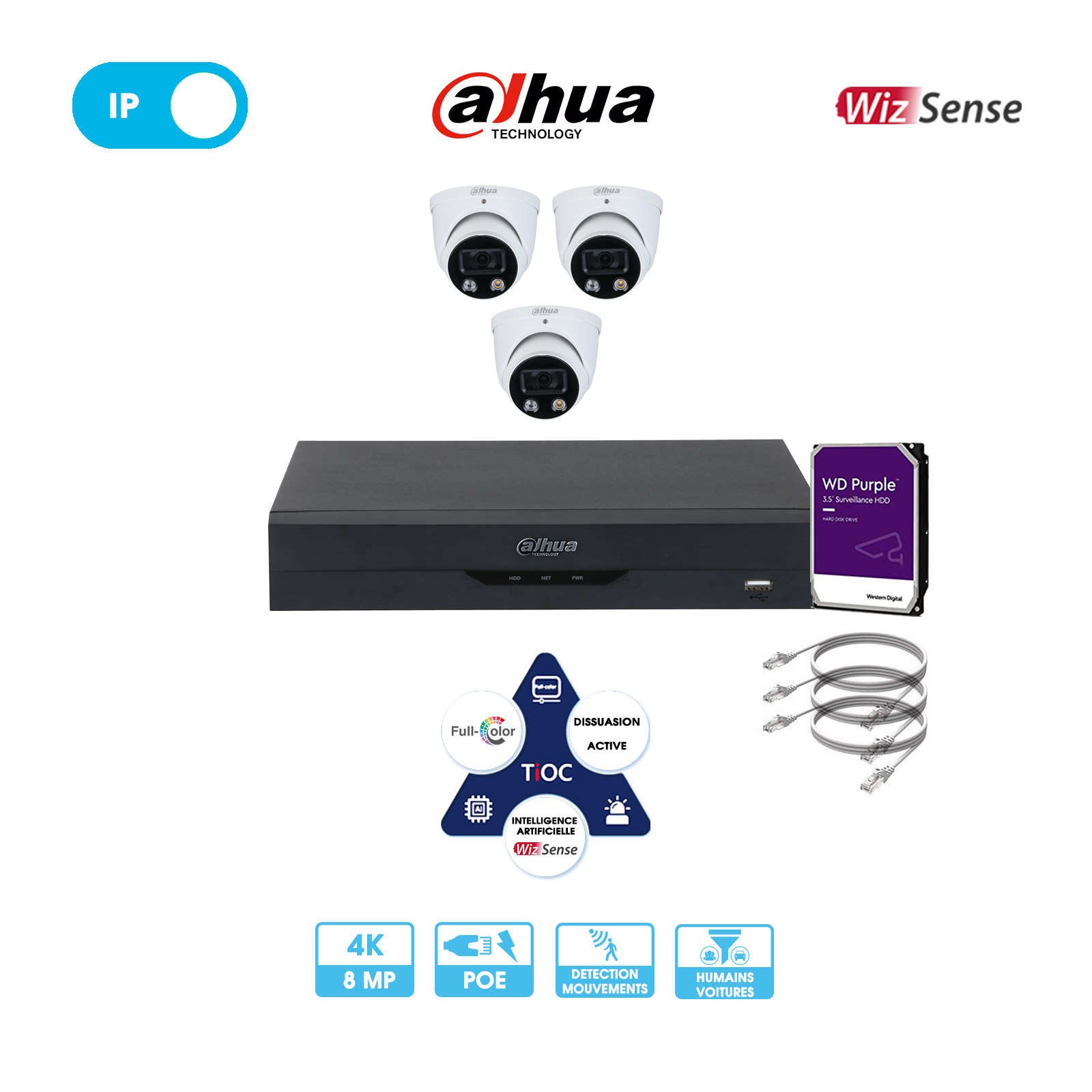 Kit vidéosurveillance 3 caméras dôme réseau Dahua | 8 MP (4K) | IP PoE | TioC 2.0 - Wizsense | Alarme | Microphone