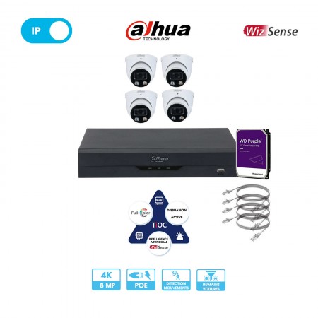 Kit vidéosurveillance 4 caméras dôme réseau Dahua | 8 MP (4K) | IP PoE | TioC 2.0 - Wizsense | Alarme | Microphone