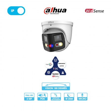 Caméra Dahua Wizsense - TiOC | Dôme 180° | 2 x 4 MP | IP | Alarme par clignotement lumineux | Différence humain / véhicule
