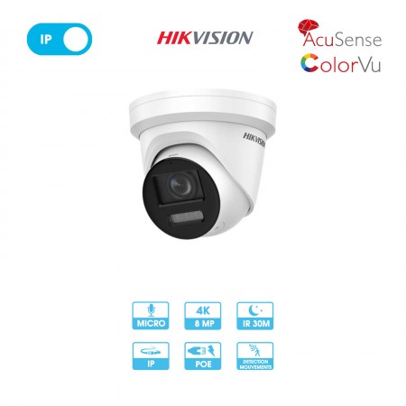 Caméra réseau Hikvision | Dôme | 8 MP (4K) | ColorVu | Micro et haut-parleur | PoE