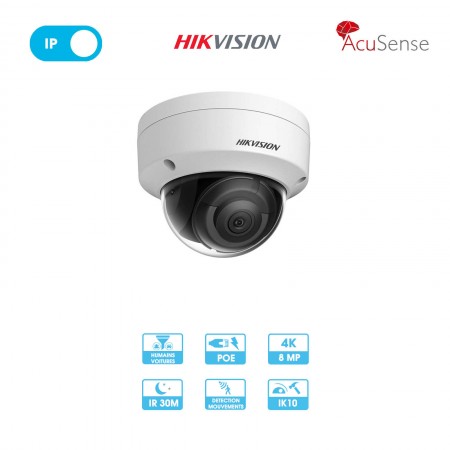 Caméra réseau Hikvision | Dôme antivandalisme | 8 MP | Objectif fixe | IP PoE | IA Acusense