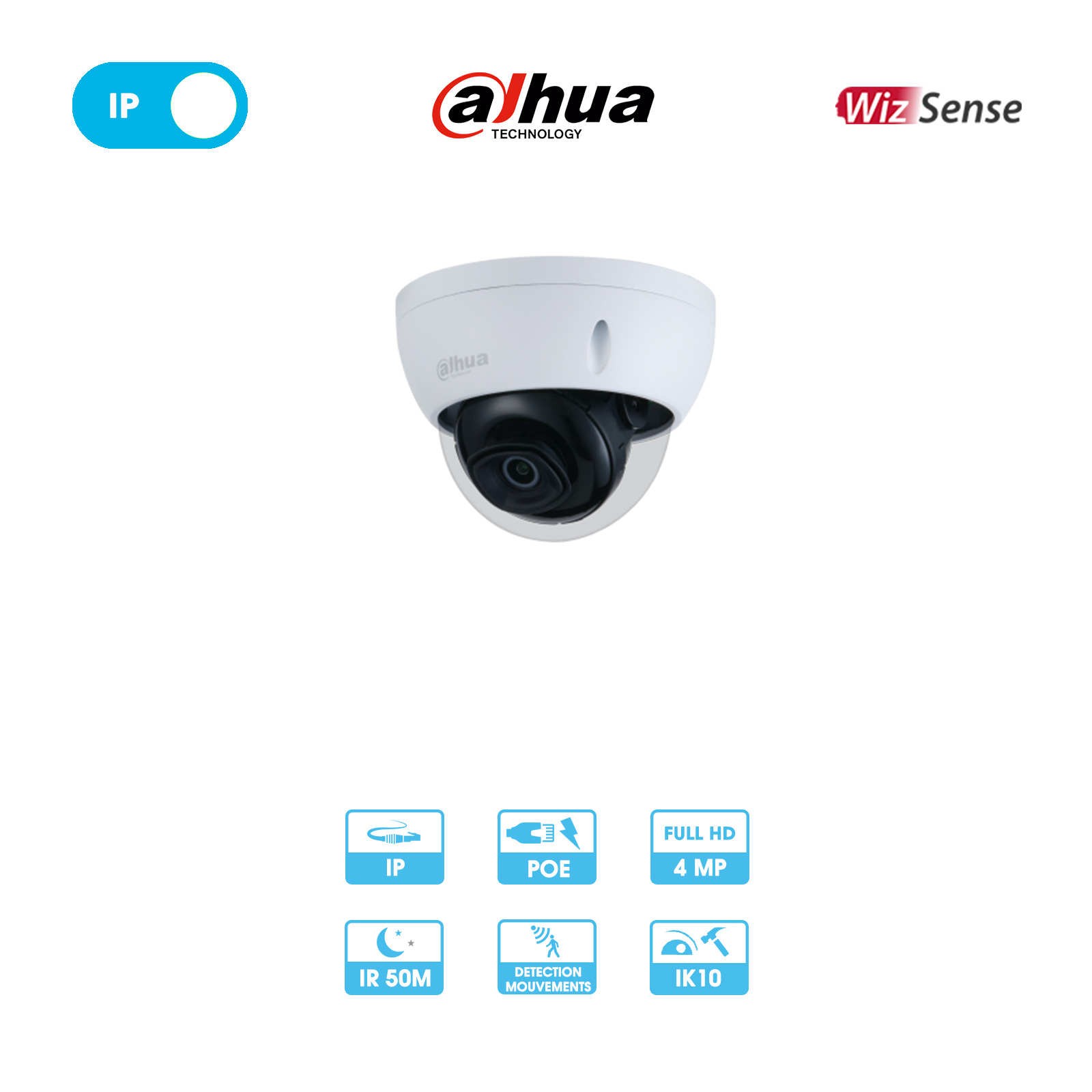 Caméra réseau Dahua IPC-HDBW3441EP-S-0280B-S2 | Dôme antivandalisme | 4 MP | IP PoE | Wizsense