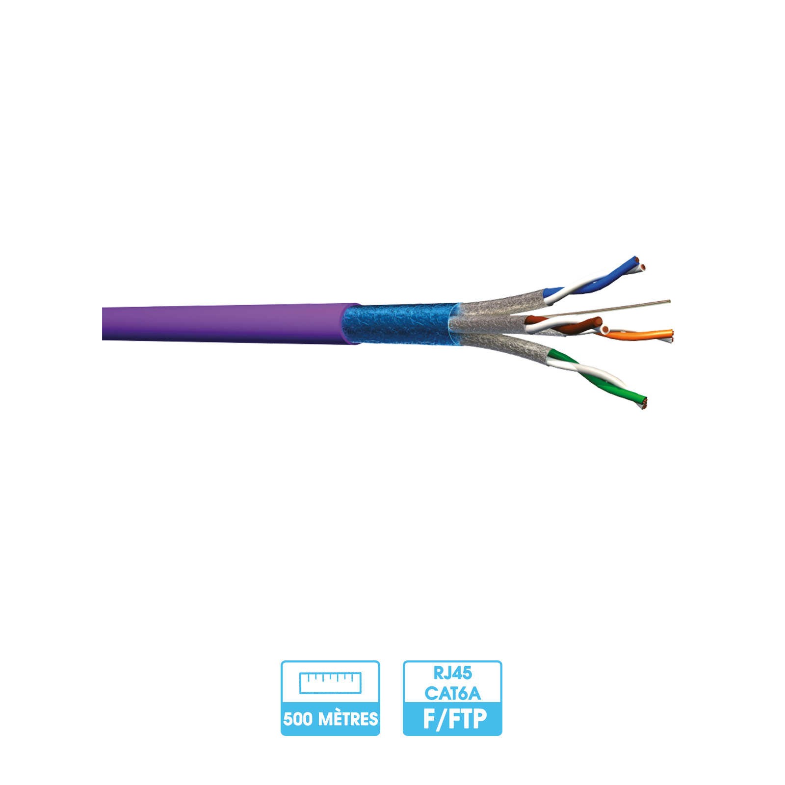 Câble réseau F/FTP CAT6A | 500 mètres | Pour l'extérieur | Violet