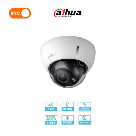 Caméra analogique Dahua HAC-HDBW2802RP-Z-3711 | Dôme antivandalisme | 8MP | HDCVI | Zoom motorisé | Micro