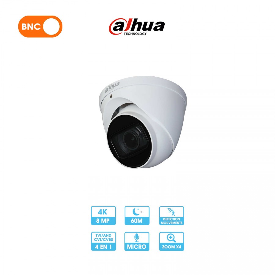 Caméra analogique Dahua HAC-HDW2802TP-Z-A-3711 | Dôme | 8 MP (4K) | Zoom x4 | Microphone | HDCVI