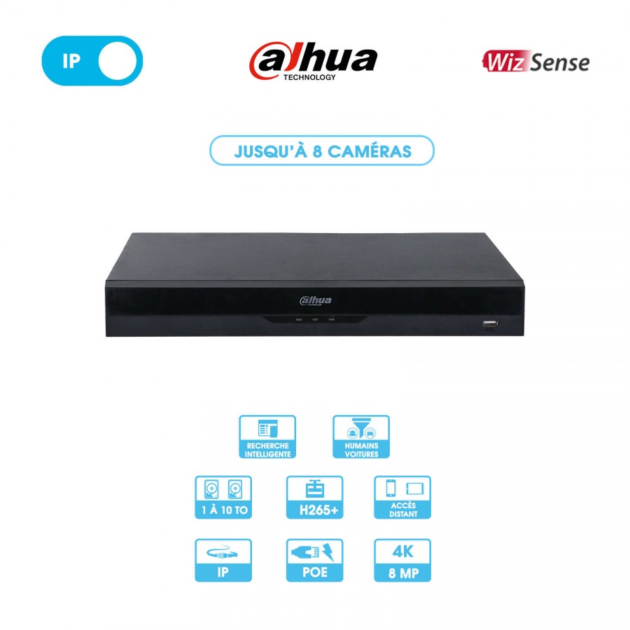 Enregistreur NVR Dahua | 8 caméras | IP | 8 ports POE | 8MP (4K) | 2 disques durs | Wizsense