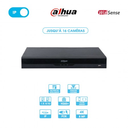 Enregistreur NVR Dahua | 16 caméras | IP | 16 ports POE | 8MP (4K) | 2 disques durs | Wizsense