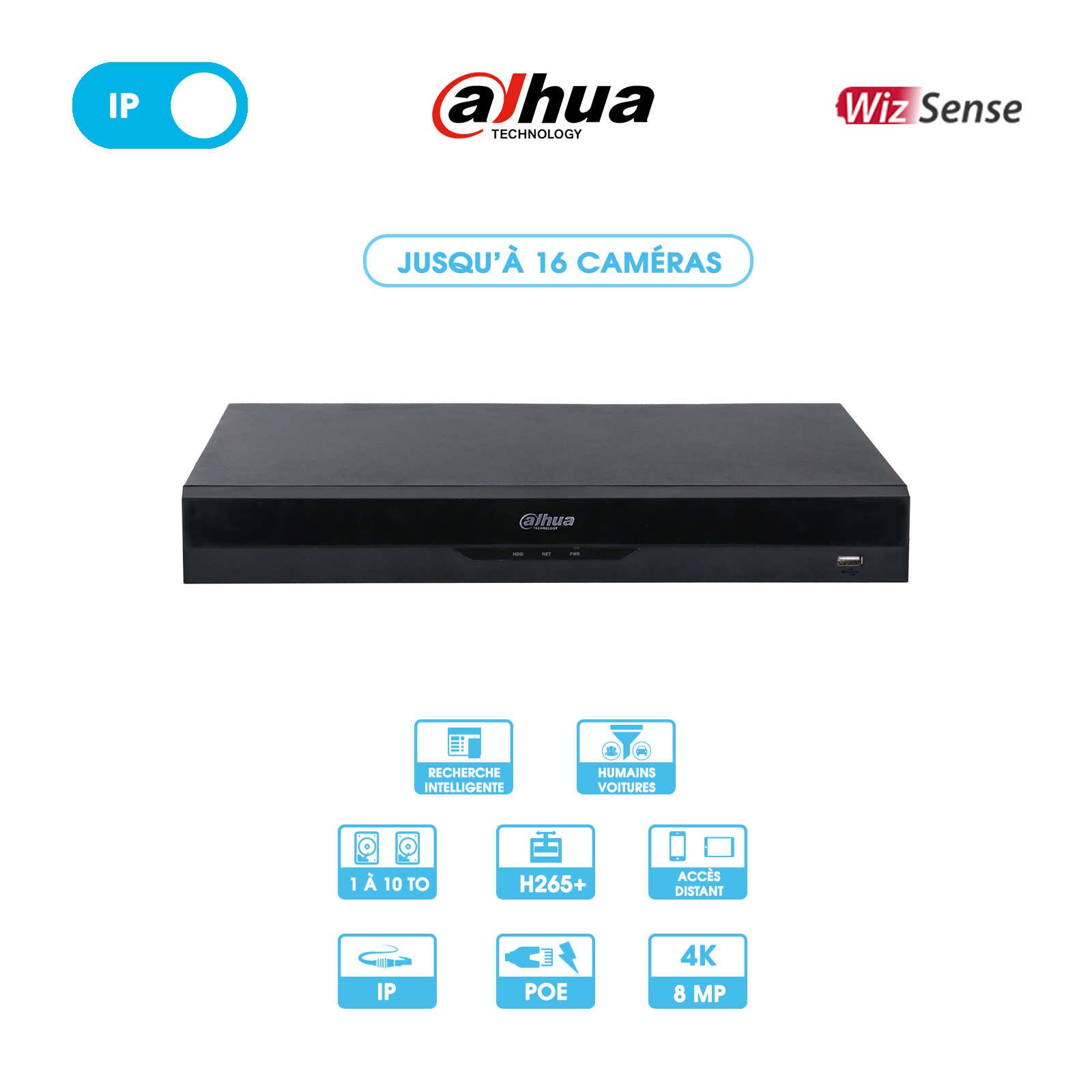 Enregistreur NVR Dahua | 16 caméras | IP | 16 ports POE | 8MP (4K) | 2 disques durs | Wizsense
