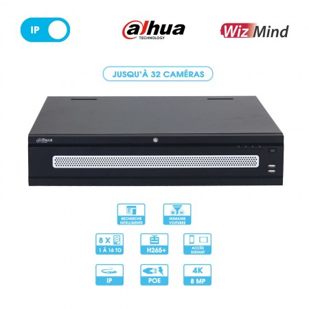 Enregistreur NVR Dahua | 32 caméras | IP | Non-PoE | 8MP (4K) | 8 disques durs | 2 LAN | 4 HDMI | ANPR | Wizmind