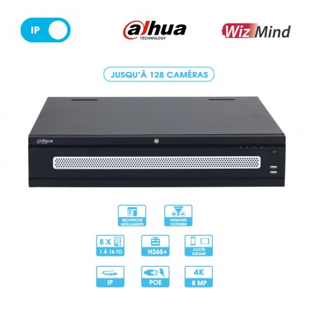 Enregistreur NVR Dahua | 128 caméras | IP | Non-PoE | 8MP (4K) | 8 disques durs | 2 LAN | 4 HDMI | ANPR | Wizmind