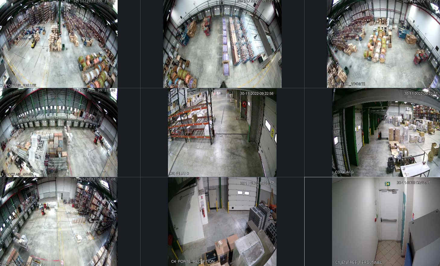 vue de 9 caméras à l'intérieur d'un entrepôt